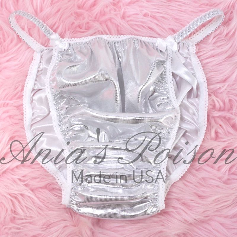 Foil Silver White Metallic Satin High Gloss metallic shiny WETLOOK string bikini sissy mens Dancer exotic panties / bra/ skirt