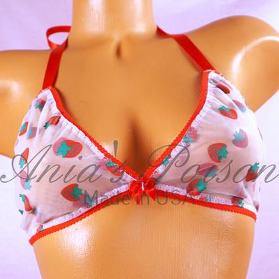 Sheer mesh strawberry Print Bra  tie up Satin lined halter triangle OS bra