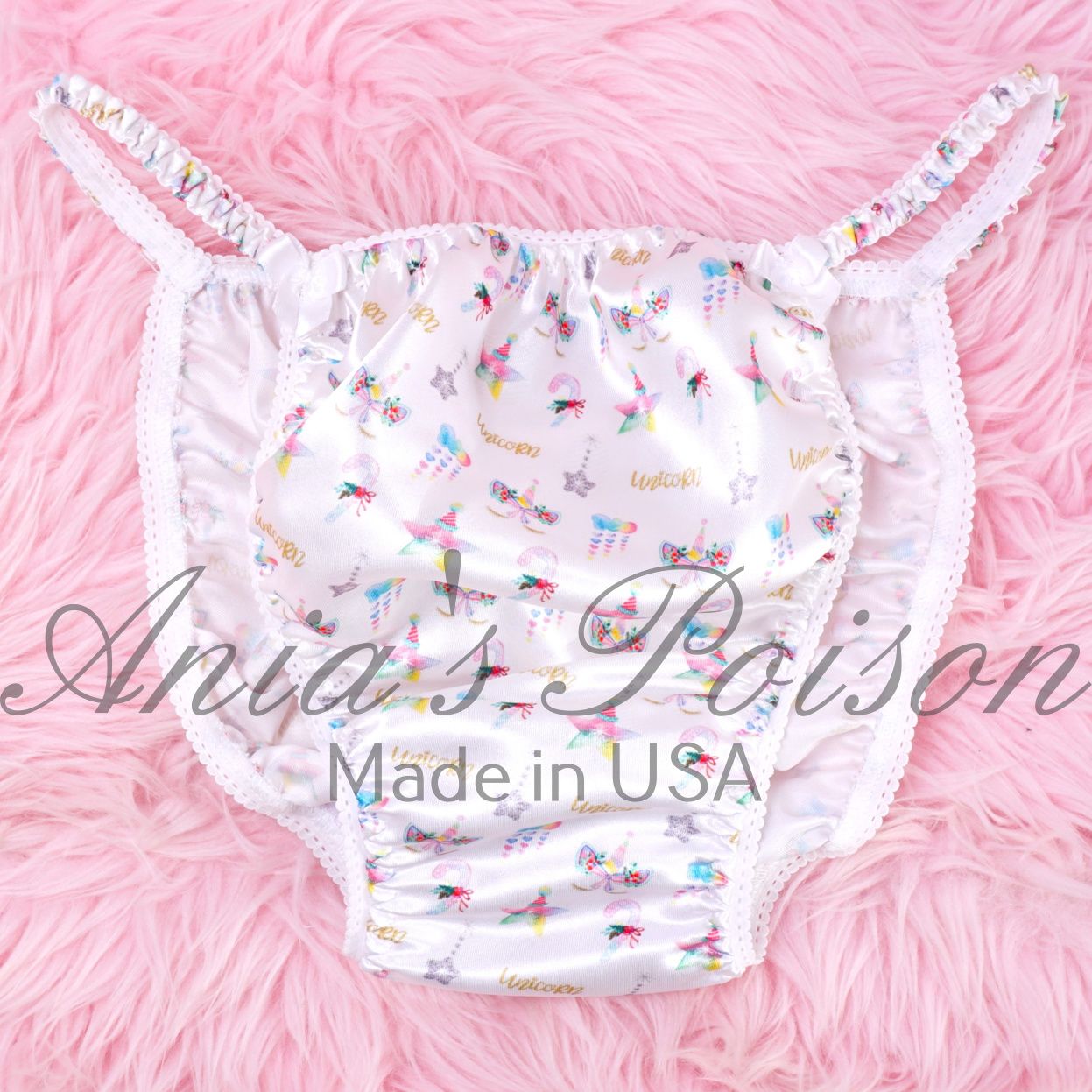 White tiny unicorn Ania's Poison Cut sissy MENS SATIN Beautiful Shiny Silky wet look Mens string Bikini panties S-XXL