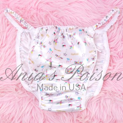 White tiny unicorn Ania's Poison Cut sissy MENS SATIN Beautiful Shiny Silky wet look Mens string Bikini panties S-XXL