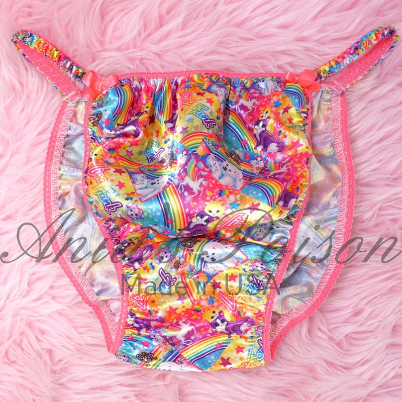 Rainbow Lisa Print Classic 90s characters Ania's Poison Cut sissy MENS SATIN Beautiful Shiny Silky wet look Mens string Bikini panties M-XL