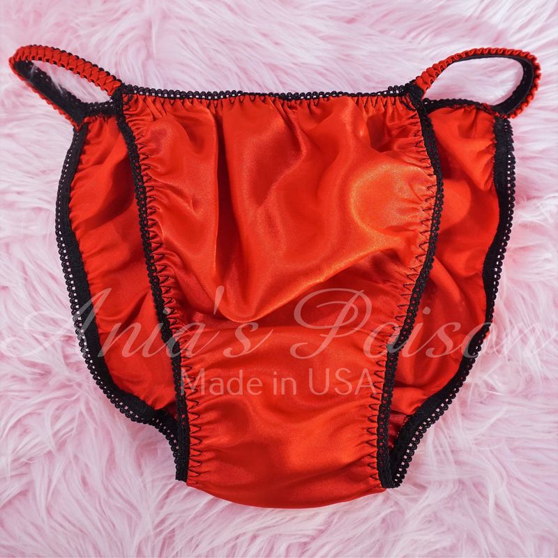 Ania's Poison String Bikini Shiny Red Black Trim LAST CHANCE 100% polyester Sissy men's underwear panties sz XXL Only DEADSTOCK