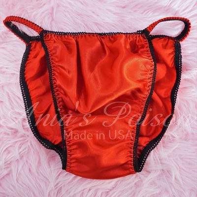 Ania's Poison String Bikini Shiny Red Black Trim LAST CHANCE 100% polyester Sissy men's underwear panties sz XXL Only DEADSTOCK