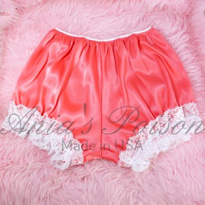 VTG style Silky satin French Sissy Maid bloomers slip tap panties lacy sleep shorts OS Coral Pink