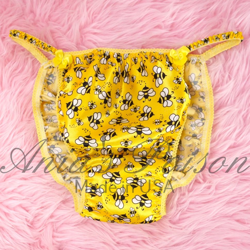 Last of spring Yellow bumble bees Ania's Poison Cut sissy MENS SATIN Beautiful Shiny Silky wet look Mens panties S-XXL