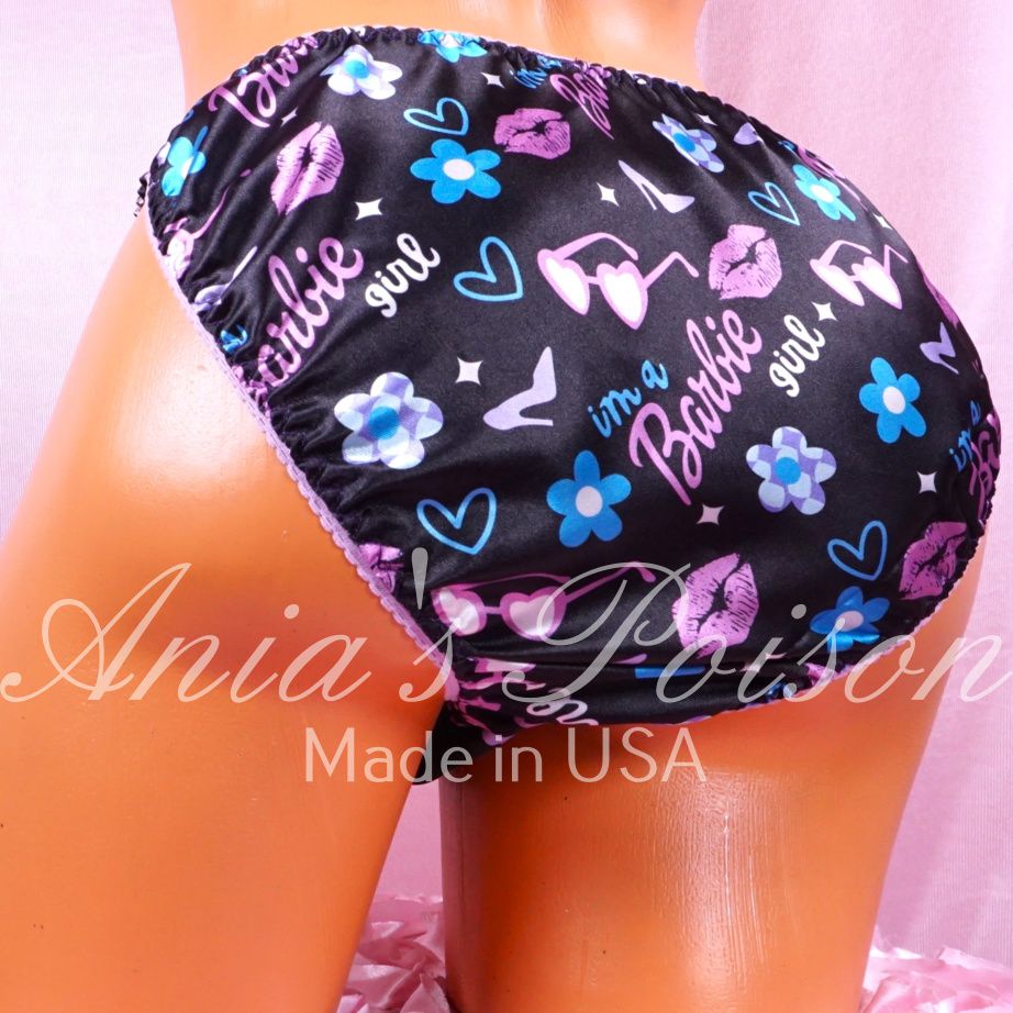 Black Pink Dolly Print limited Ania's Poison Cut sissy Day MENS SATIN Beautiful Shiny Silky wet look string Bikini panties S-XXL