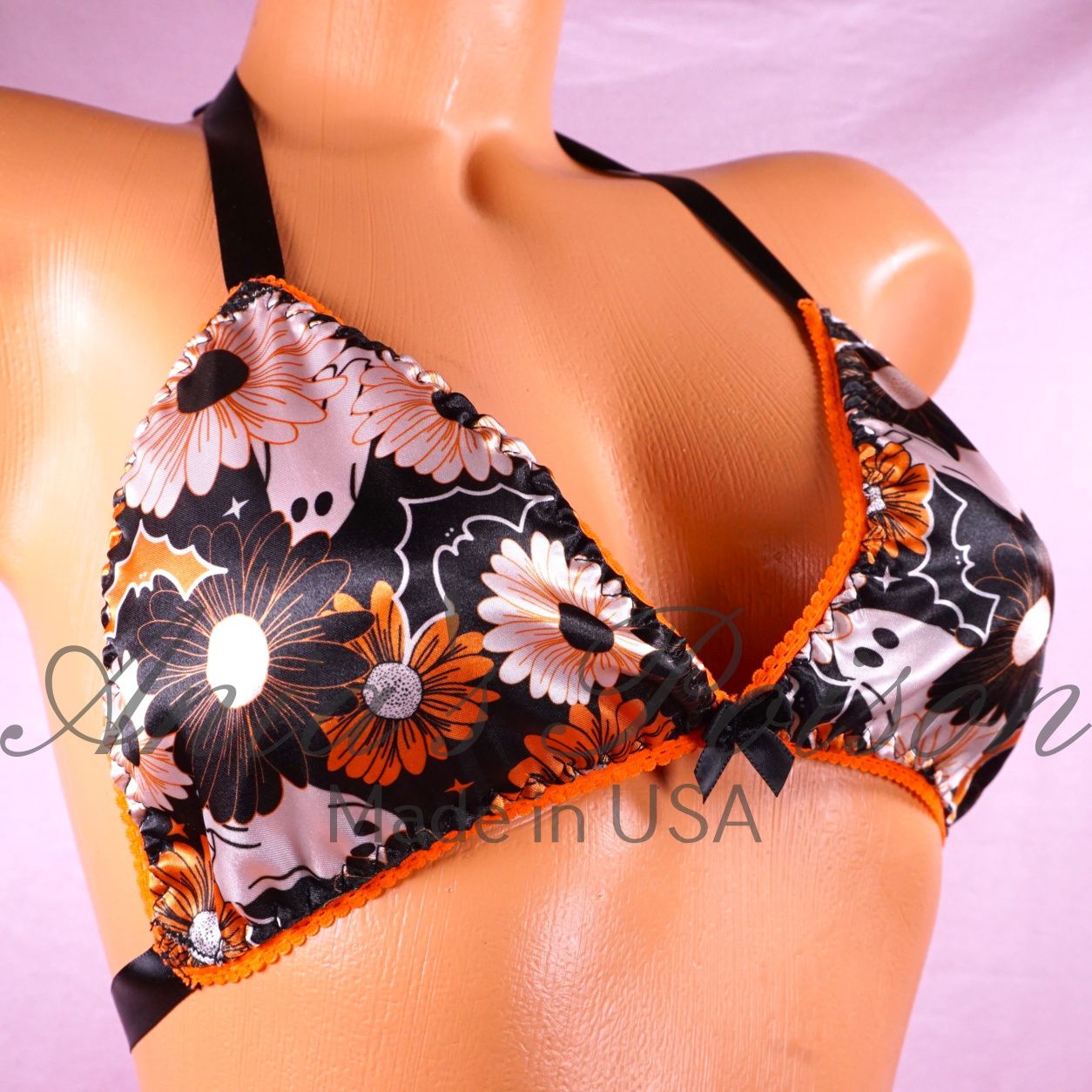 Satin Halloween Fall Flowers Ghosts Unisex tie up Satin lined halter triangle OS bra Satin Halloween Fall Flowers Ghosts Unisex tie up Satin lined halter triangle OS bra
