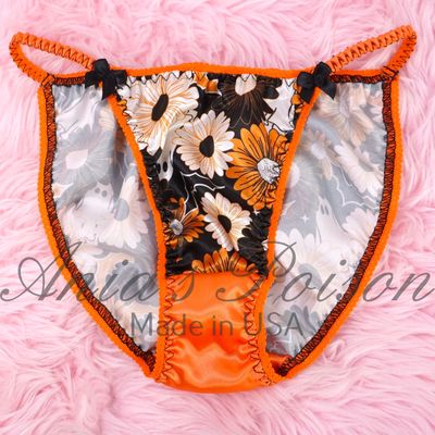 Lace Duchess Classic 80's cut Halloween Pumpkins Ghosts Orange satin wet look women's string bikini panties sz  5 6, 7, 8