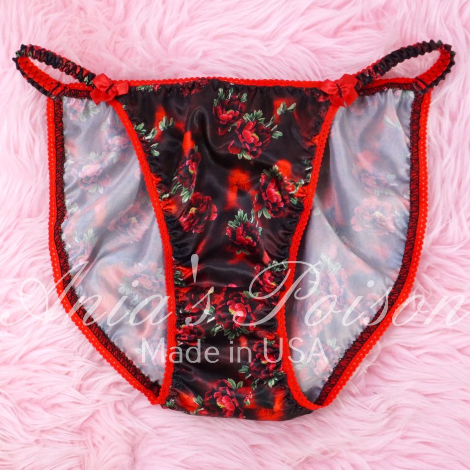 Halloween Red Black ROSES Sexy vampire floral Classic 80's cut Satin panties Lace Duchess wet look ladies string bikini panties sz  6 7 8