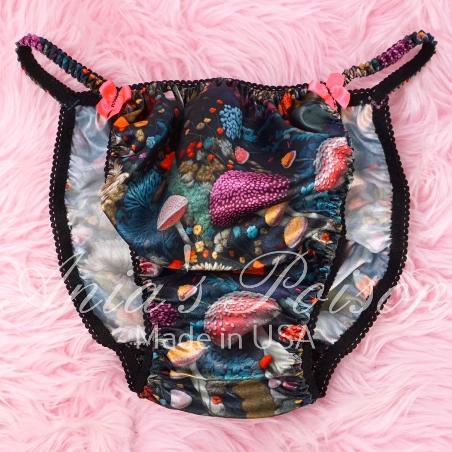 Satin Men's Panties Poison Cut FALL MUSHROOM MYSTICAL PRINT!  wet look string bikini sz S-XXL