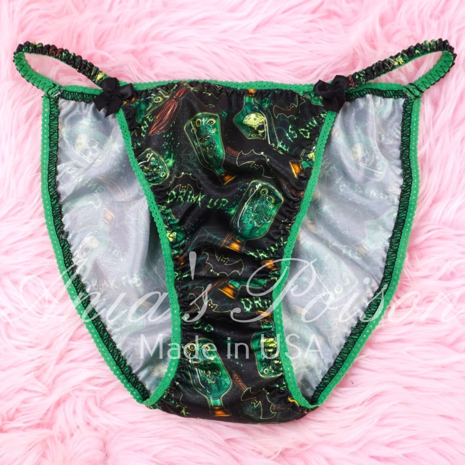 Lace Duchess Classic 80's cut Halloween Poison Bottles Green Black satin wet look women's string bikini panties sz  6, 7, 8