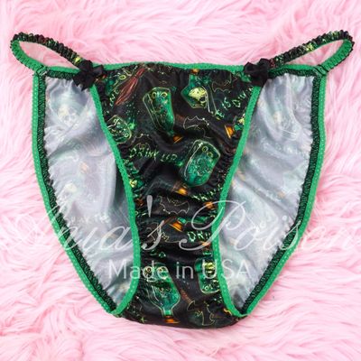 Lace Duchess Classic 80's cut Halloween Poison Bottles Green Black satin wet look women's string bikini panties sz  6, 7, 8