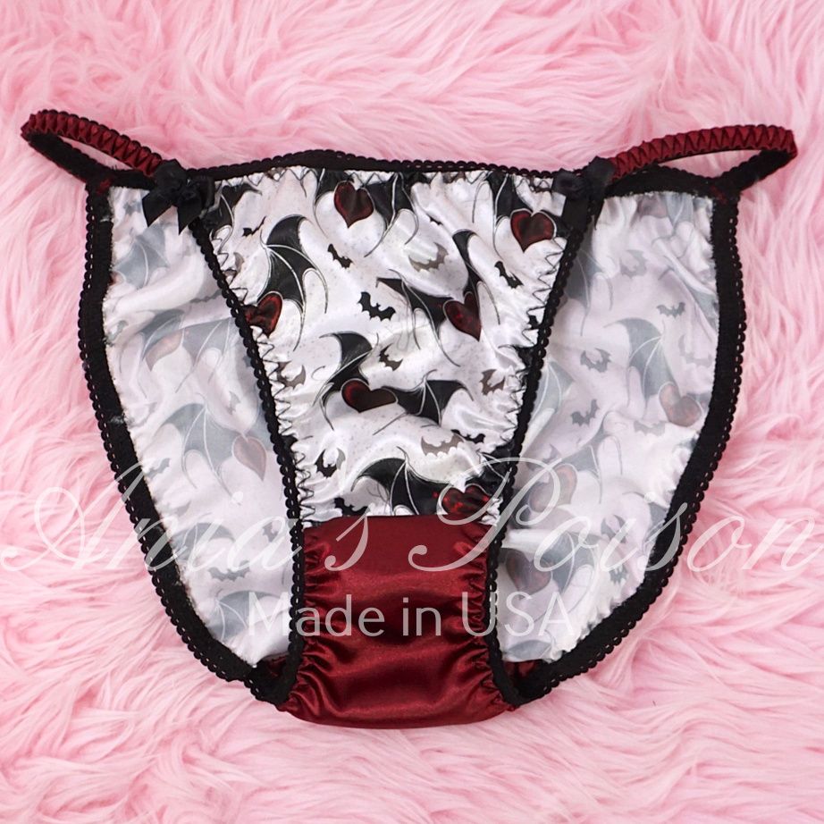 Lace Duchess Classic 80's cut Halloween Poison Bats Satin double Crotch wet look women's string bikini panties sz  6, 7, 8, 9