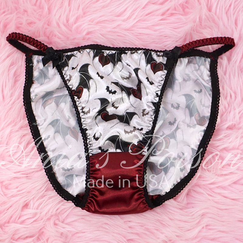 Lace Duchess Classic 80's cut Halloween Poison Bats Satin double Crotch wet look women's string bikini panties sz 6, 7, 8, 9 Lace Duchess Classic 80's cut Halloween Poison Bats Satin double Crotch wet look women's string bikini panties sz 6, 7, 8, 9