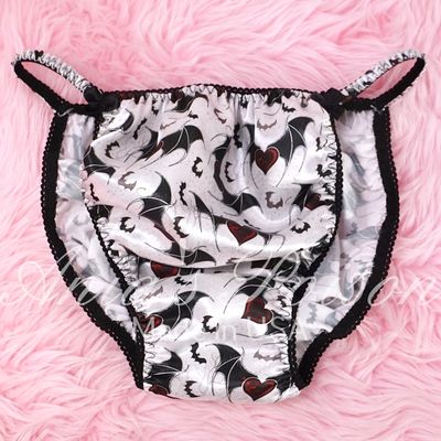 Satin Men's Panties Poison Cut Halloween White Bats spooky LIMITED Satin wet look string bikini sz S-XL