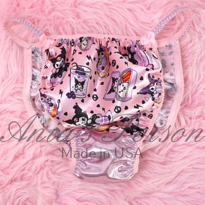 Satin Men's Panties Poison Cut Halloween Foil Pink Crotch Kitty Cats RARE double crotch wet look string bikini sz S-XXL