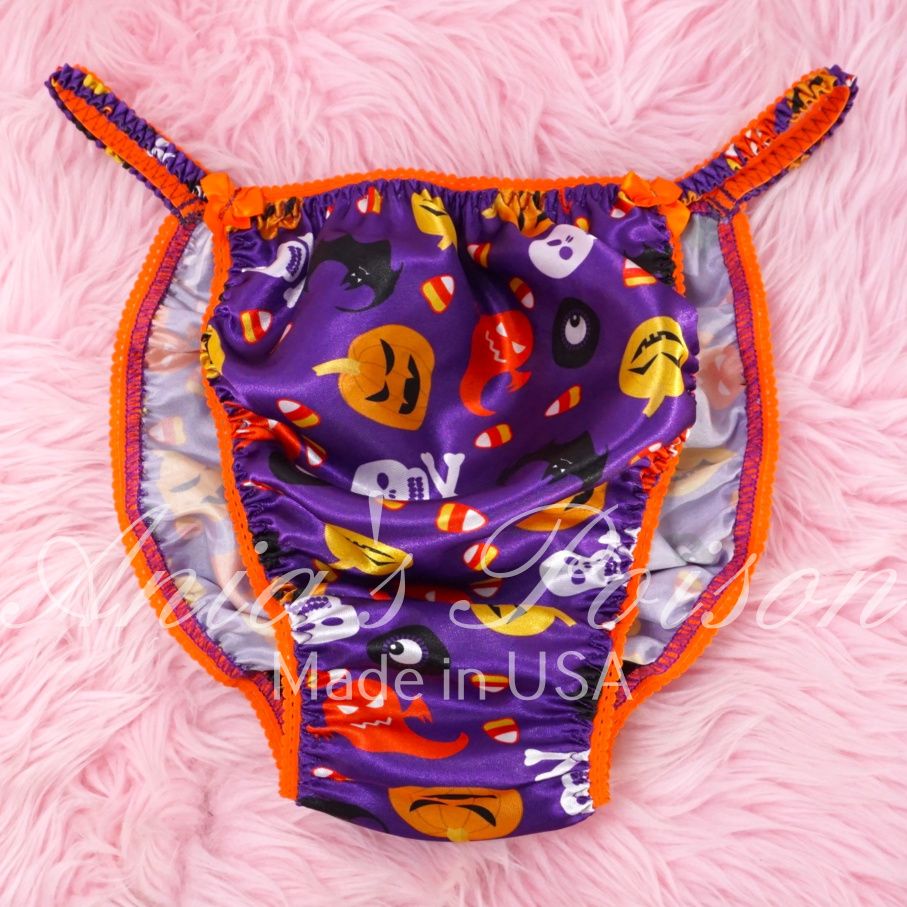 Satin Men's Panties Poison Cut Halloween Purple orange pumpkins Satin wet look string bikini sz S-xl
