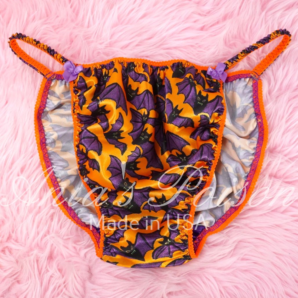 Satin Men's Panties Poison Cut Halloween Purple orange BATS Satin wet look string bikini sz XXL