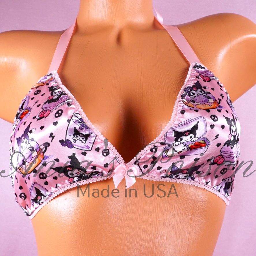 Satin Halloween Pink Kitty Cat Unisex tie up Satin lined halter triangle OS bra