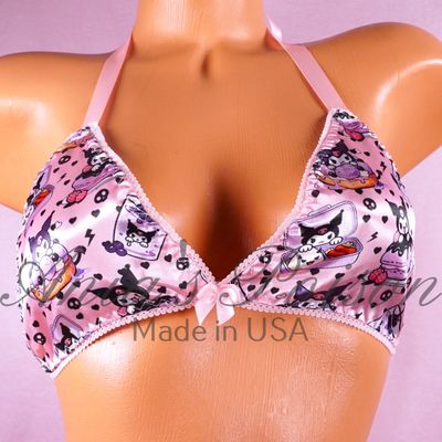 Satin Halloween Pink Kitty Cat Unisex tie up Satin lined halter triangle OS bra