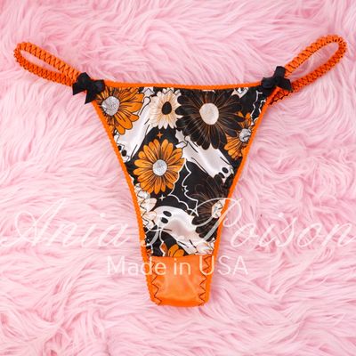 VTG style Flowers and Ghosts shiny satin string LADIES triangle T thong panties S/M L/XL Halloween