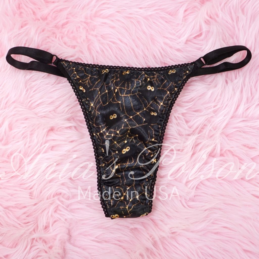 VTG style Spider web satin string LADIES triangle T thong panties S/M L/XL Halloween