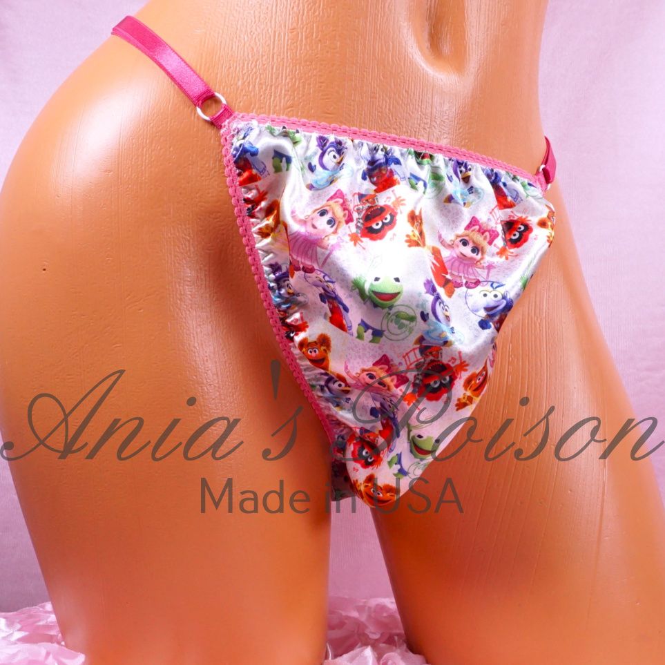 Satin Muppets Pint trim sissy men's soft shiny Triangle T thong character panties ADJUSTABLE sides underwear panties