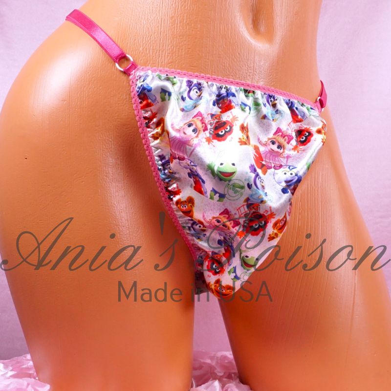 Satin Muppets Pint trim sissy men's soft shiny Triangle T thong character panties ADJUSTABLE sides underwear panties