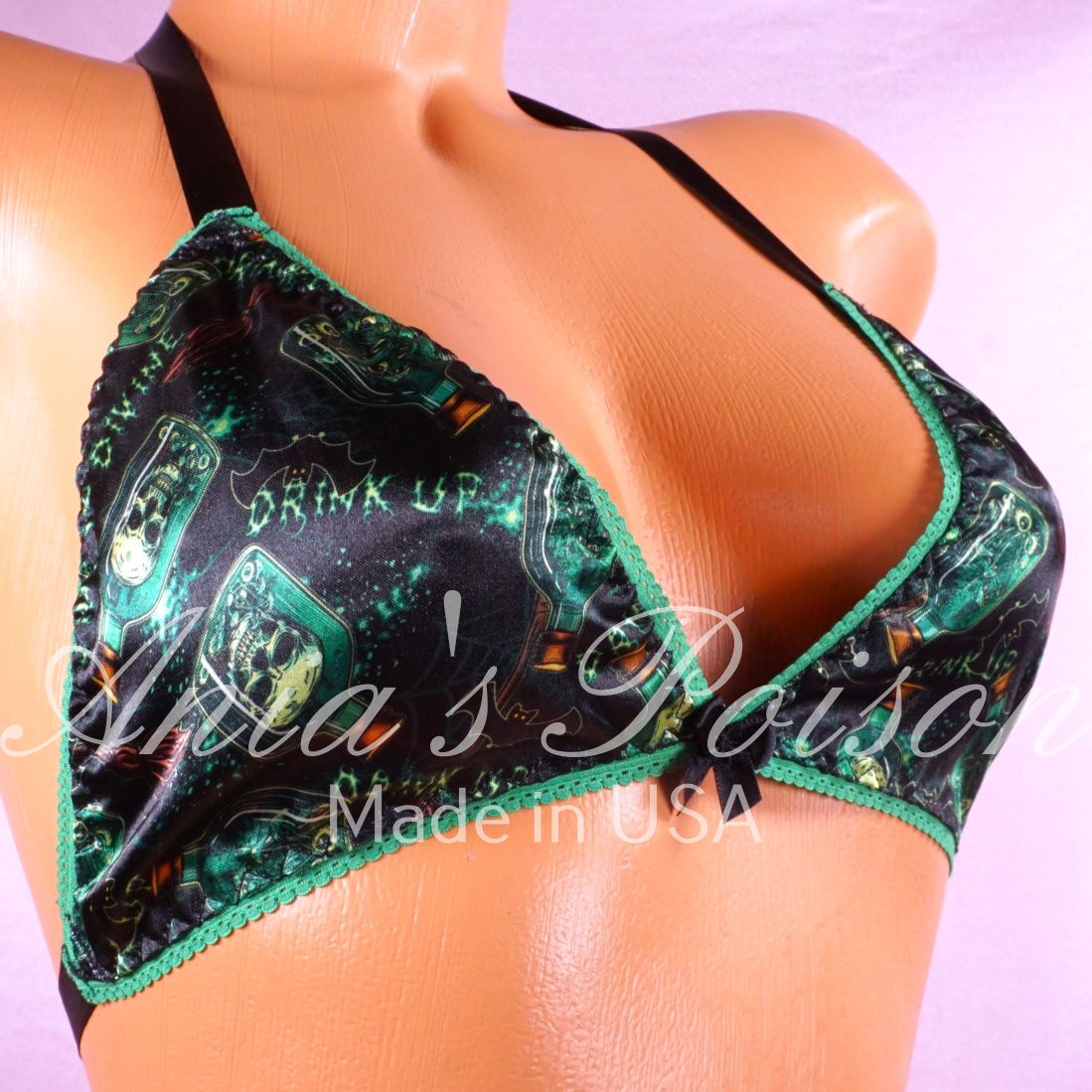 Satin Halloween Green potion poison bottle Unisex tie up Satin lined halter triangle OS bra Satin Halloween Green potion poison bottle Unisex tie up Satin lined halter triangle OS bra