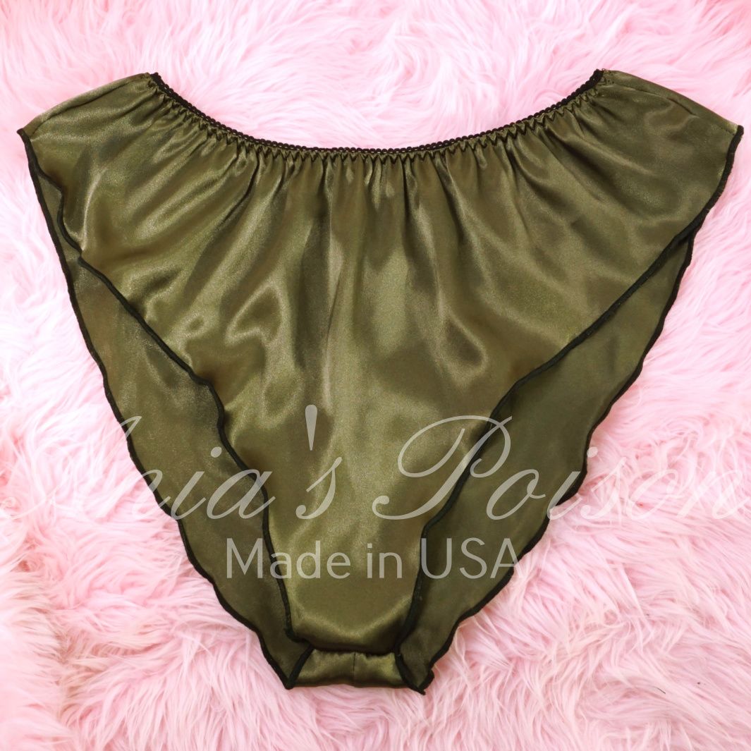 Ladies Vintage 80s style Satin Panties Soft Silky Shiny high gloss Camo Green flutter tap panties sz L/XL Black trim