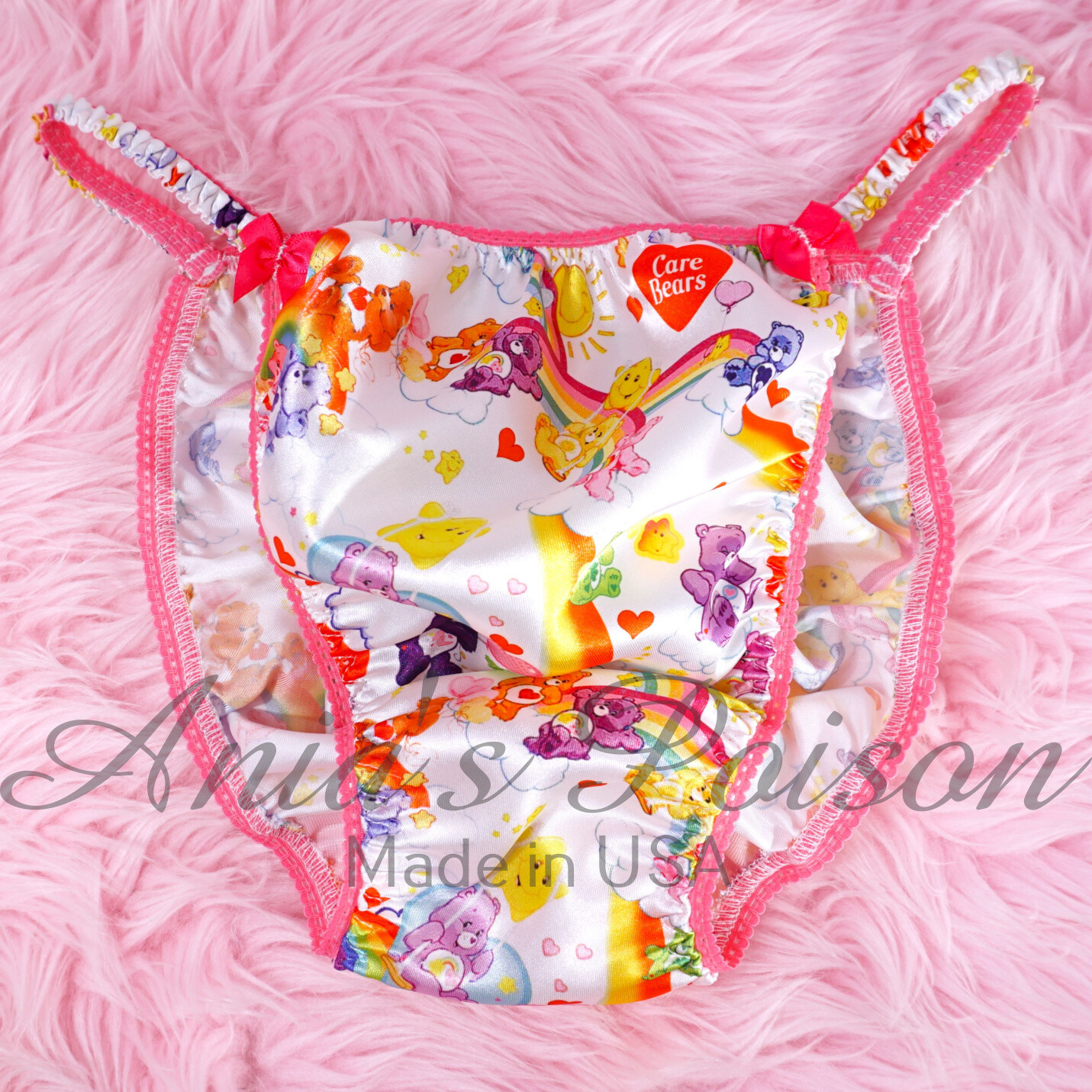 RESTOCK  M L XL Caring Bears Cartoon Print Ania's Poison Cut sissy MENS SATIN Beautiful Shiny Silky wet look Mens rare  string Bikini panties