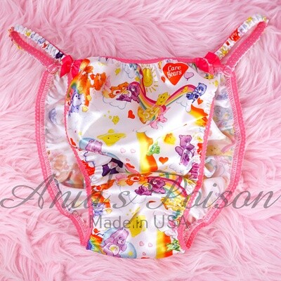 RESTOCK  M L XL Caring Bears Cartoon Print Ania's Poison Cut sissy MENS SATIN Beautiful Shiny Silky wet look Mens rare  string Bikini panties