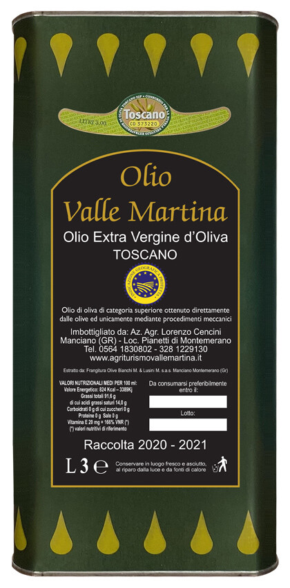 Lattina 3 LT. Olio Extravergine IGP Toscano Certificato Valle Martina Lattina 3 LT. Olio Extravergine IGP Toscano Certificato Valle Martina