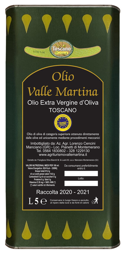 Lattina 5 LT. Olio Extravergine IGP Toscano Certificato Valle Martina