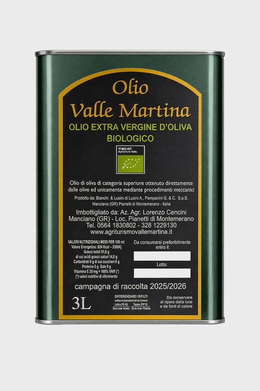 Lattina 3 LT. Olio Extravergine IGP Toscano Certificato Valle Martina