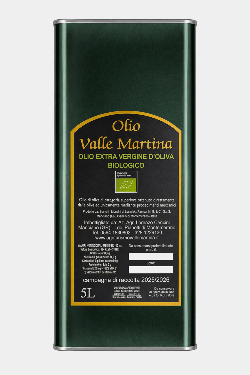 Lattina 5 LT. Olio Extravergine IGP Toscano Certificato Valle Martina