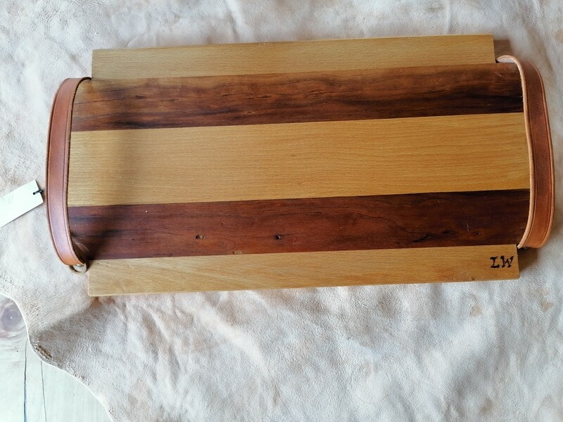 Beech and Cherry wood tray with Leather handles