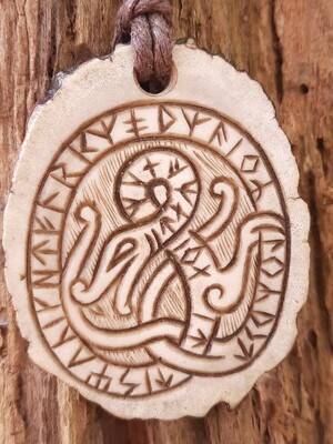 Viking Amulet of Runic Stone of Jörmungandr and Algiz Rune, Hand Carved, Moose Antlers