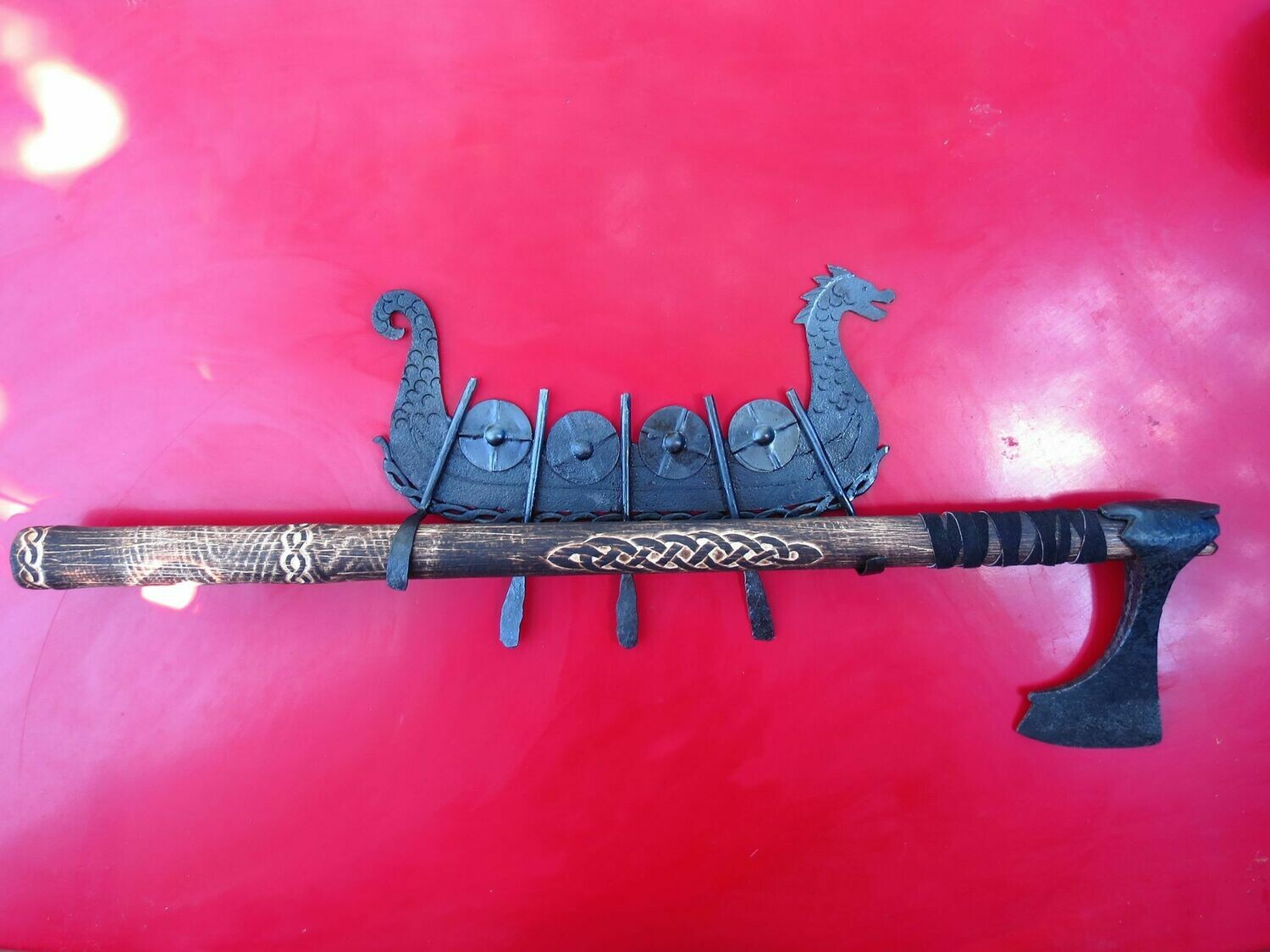 Viking Axe Drakkar / Langskip Wall Mount Holder, Hand-Forged Ironwork