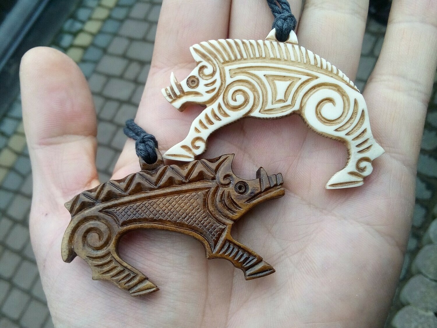 Celtic Motifs Wild Boar Pendant, Antlers Hand-Carved