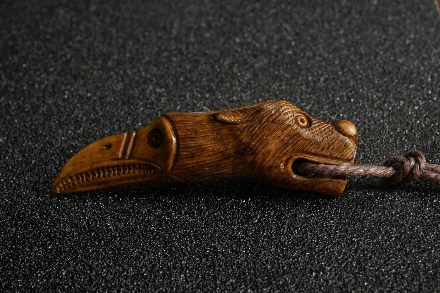Norse Odin Raven and Wolf Pendant, Viking Amulet, Hand-Carved, Moose Antlers