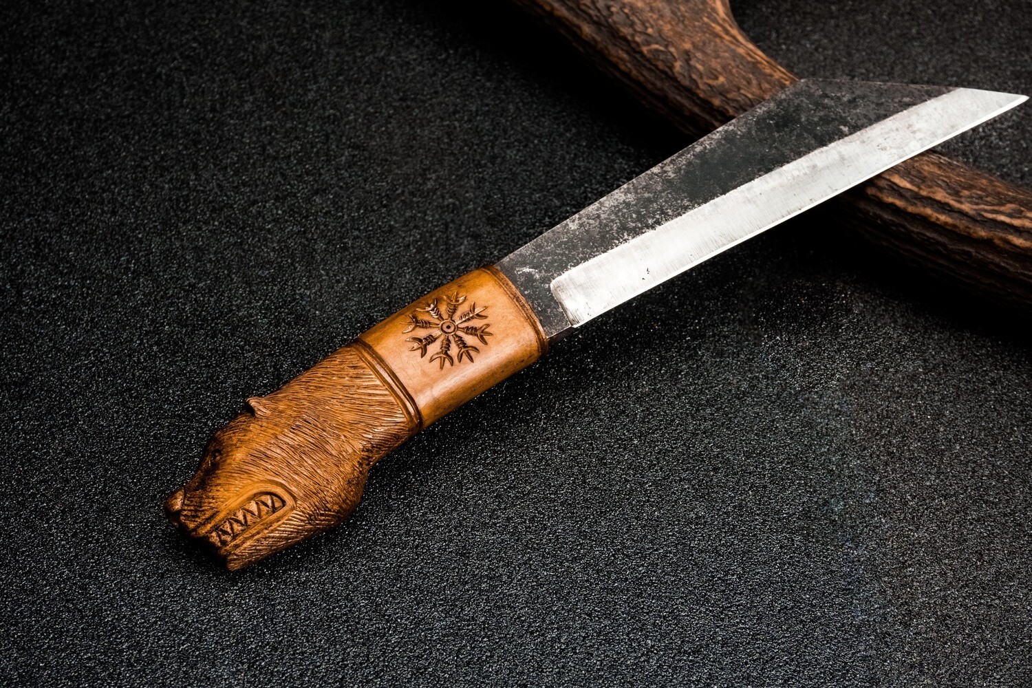 Anglo-Saxon Seax Dagger, Antlers Carved Handle (High Carbon Hand-Forged Steel Blade)