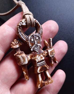 Odin in Ritual Helmet Pendant, Antlers Hand-Carved