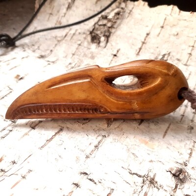 Raven Skull Pendant With Tiwaz Rune, Handmade, Antlers