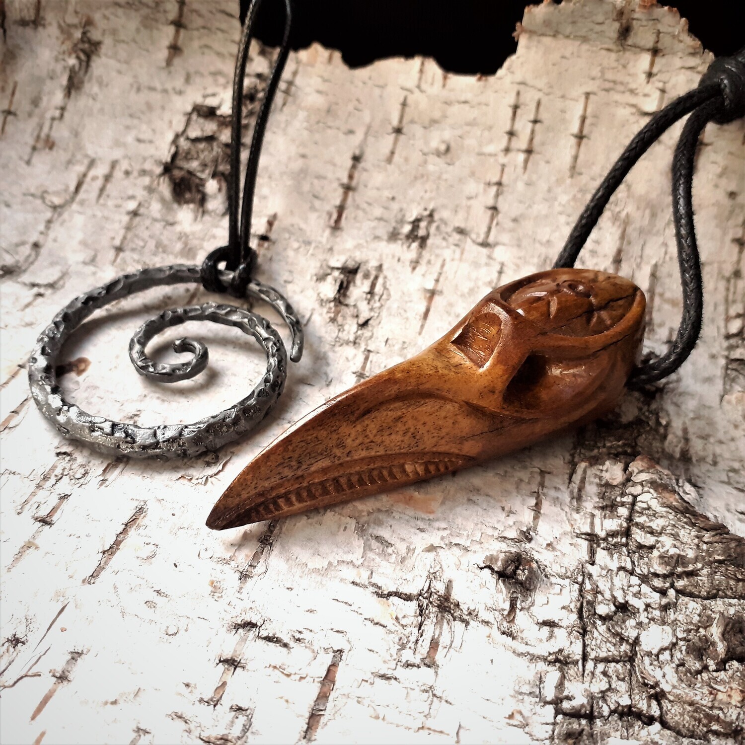 Raven Skull Pendant With Norse Motifs, Handmade, Antlers -- Celtic Spiral Pendant GIFT