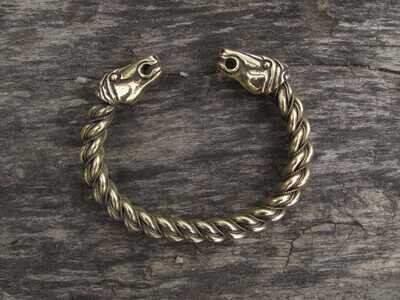 Massive Twisted Gotland Bracelet / Oath Ring with Horse Heads Terminals, Bronze, Handmade