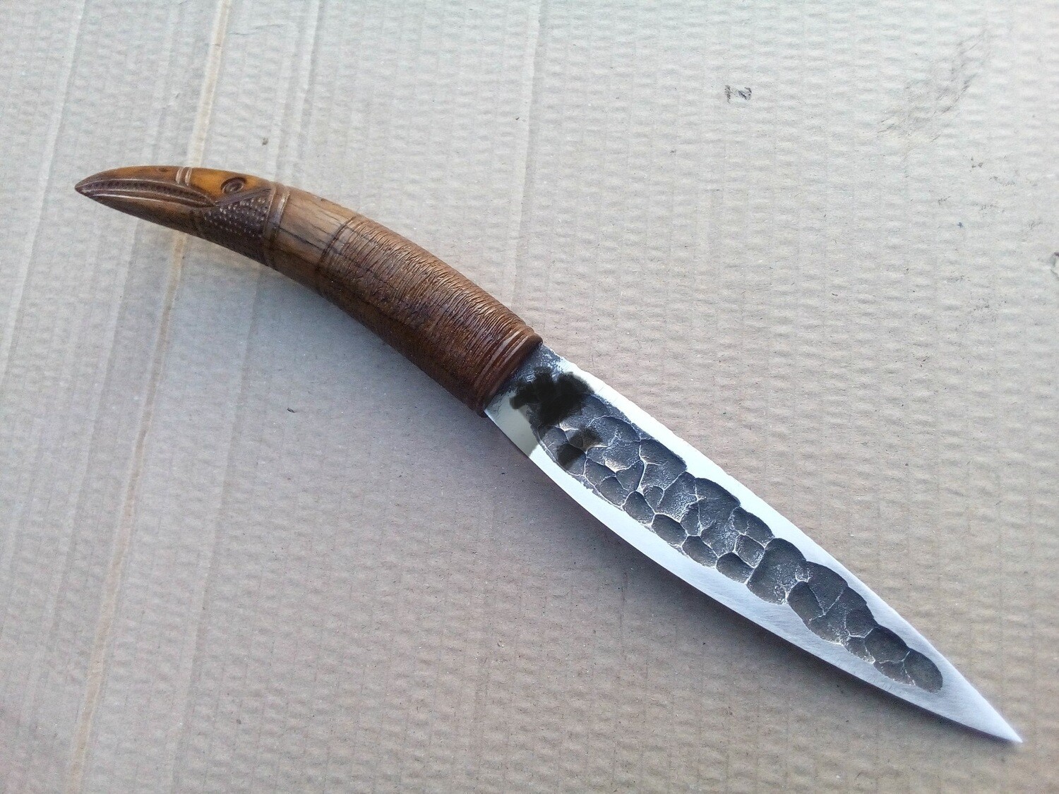 North / Yakut shape Knife with Dragon Pattern, Handforged, Antlers Carved Handle