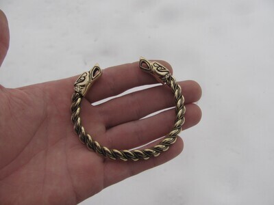 Twisted Gotland Shape Viking Bracelet / Oath Ring with Odin's Wolves Freki and Geri, Handmade in Brass