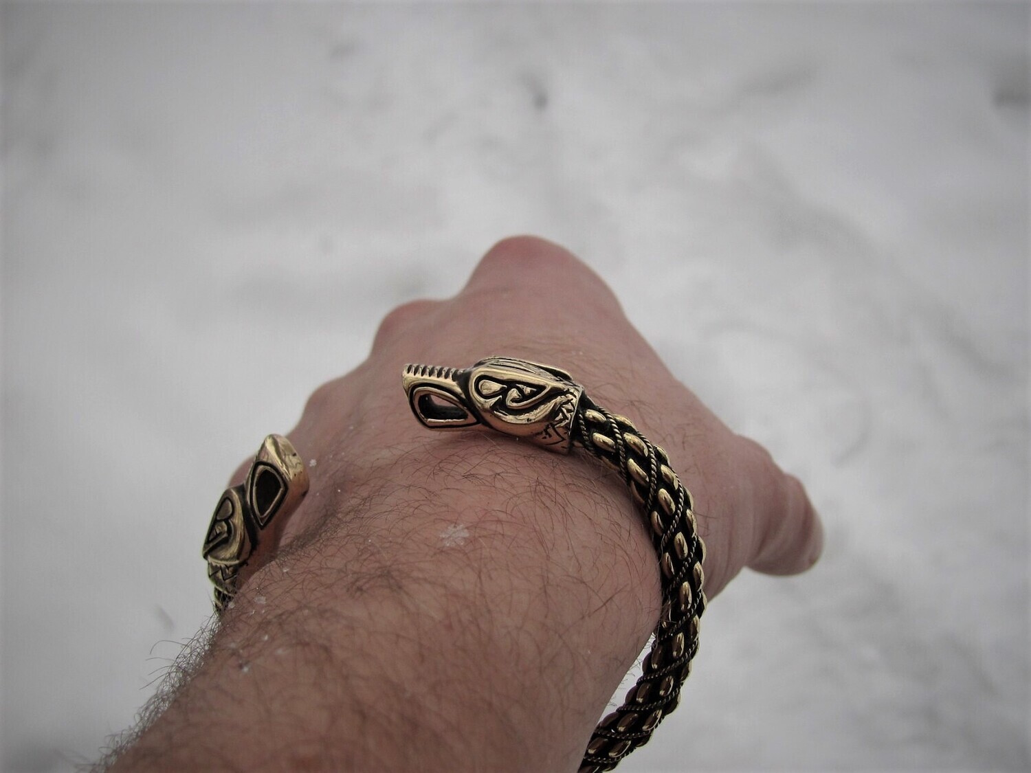 Handmade Denmark Type Bracelet / Oath Ring with Odin's Wolves, Brass