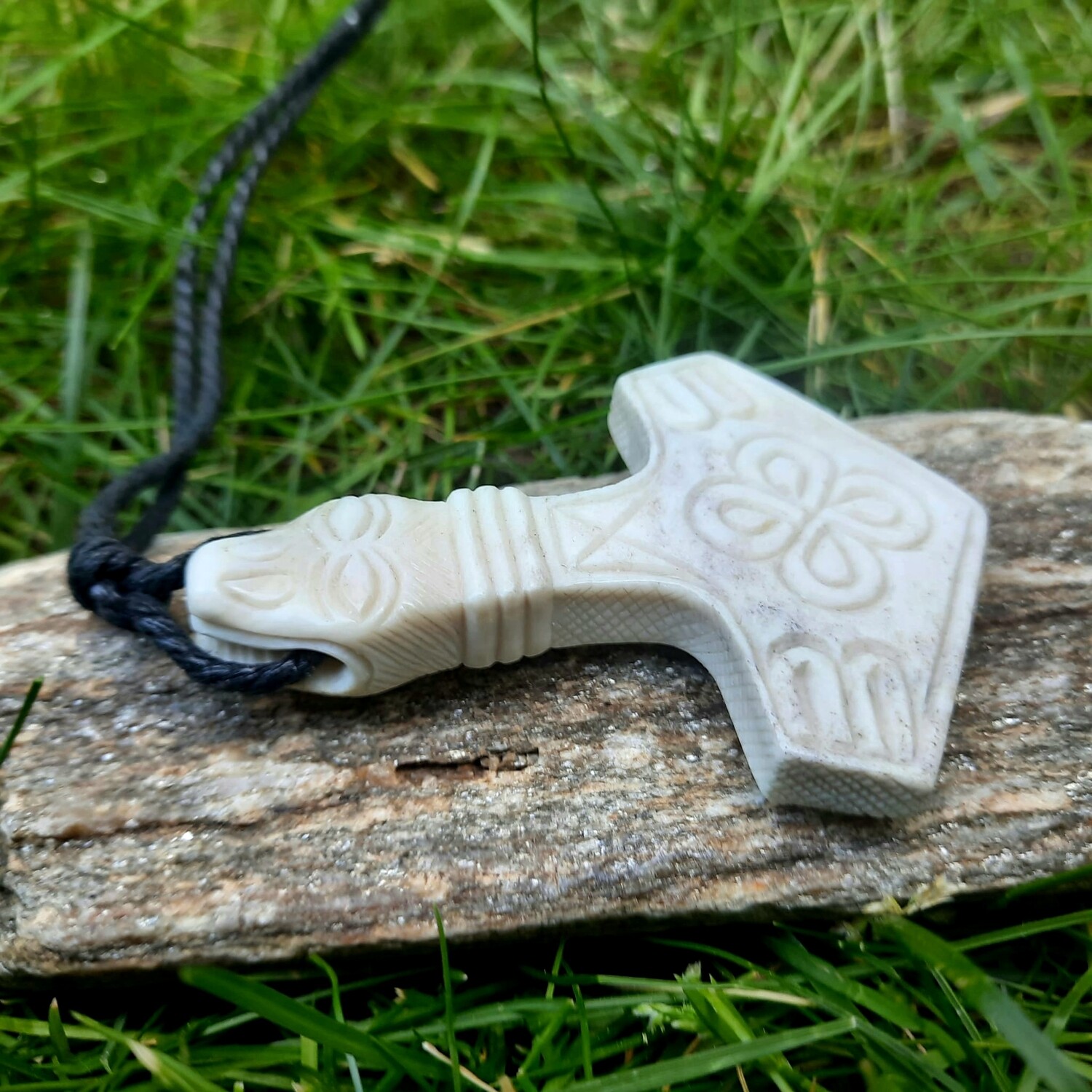 Viking Pendant, Mjolnir With Dragon Head, Thor Bindrune & Solar Symbols, Antlers Hand-Carved